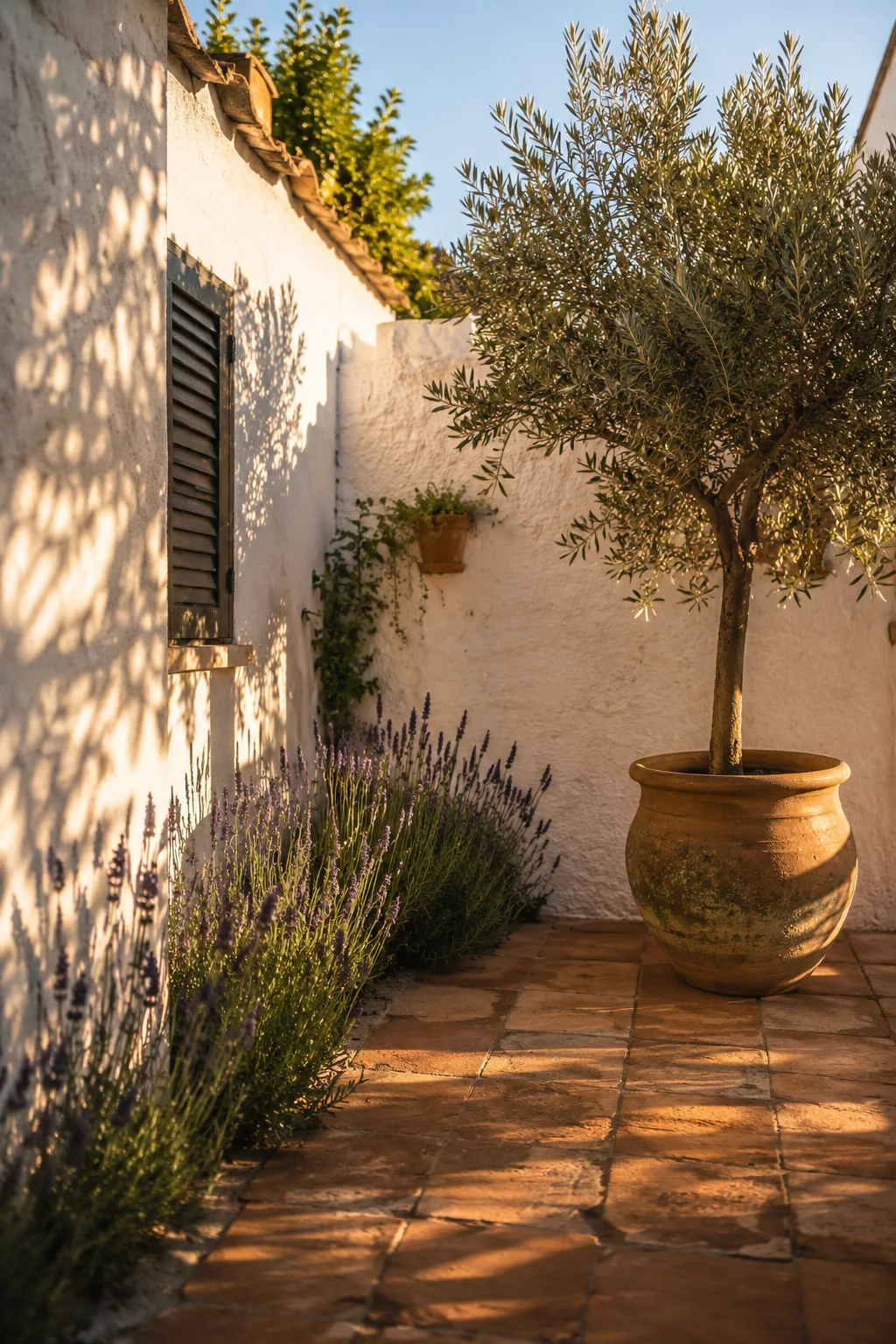 Mediterranean courtyard garden idea with olive tree and terracotta