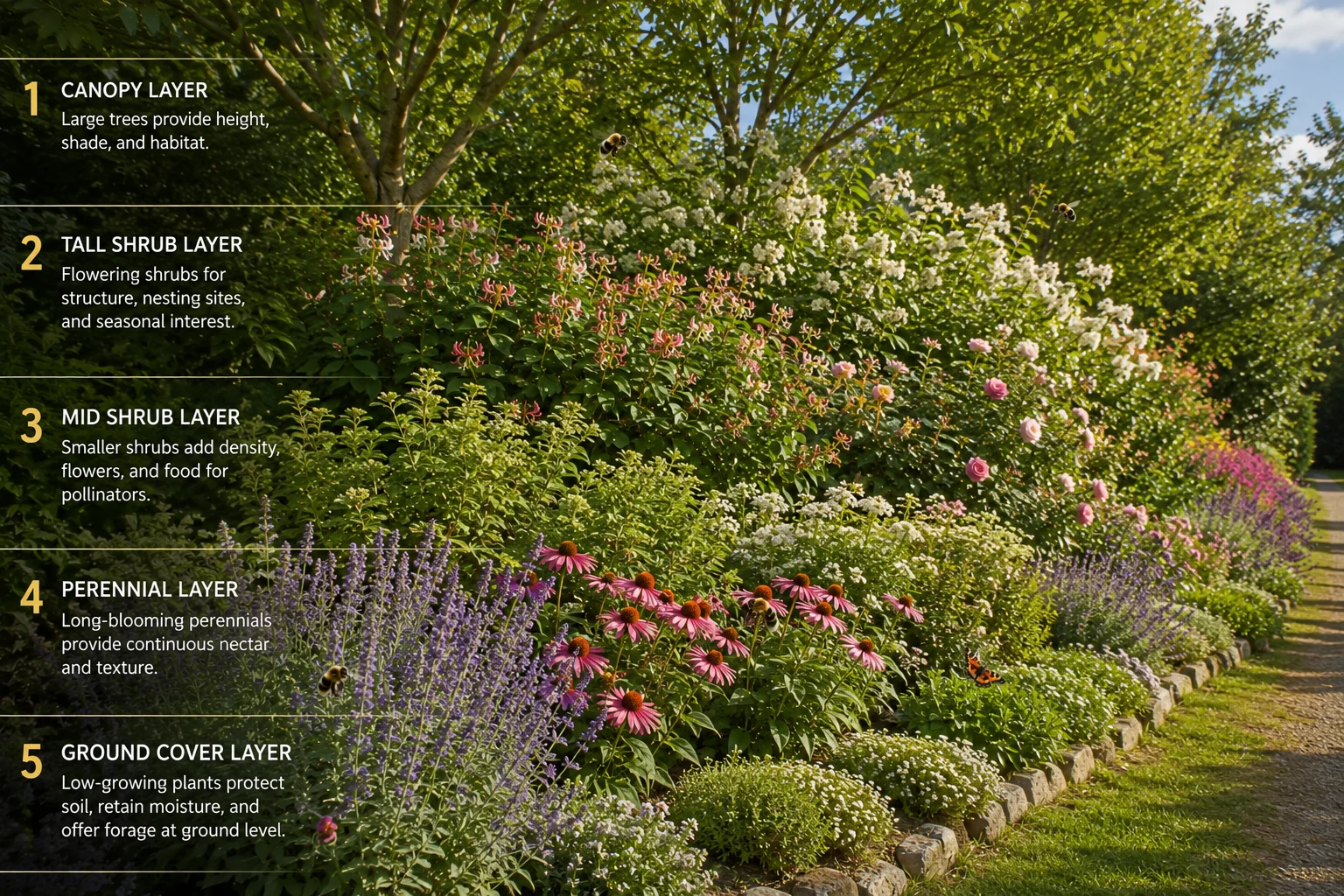 multi-layered hedge bee garden design five layers canopy shrubs perennials ground cover pollinators