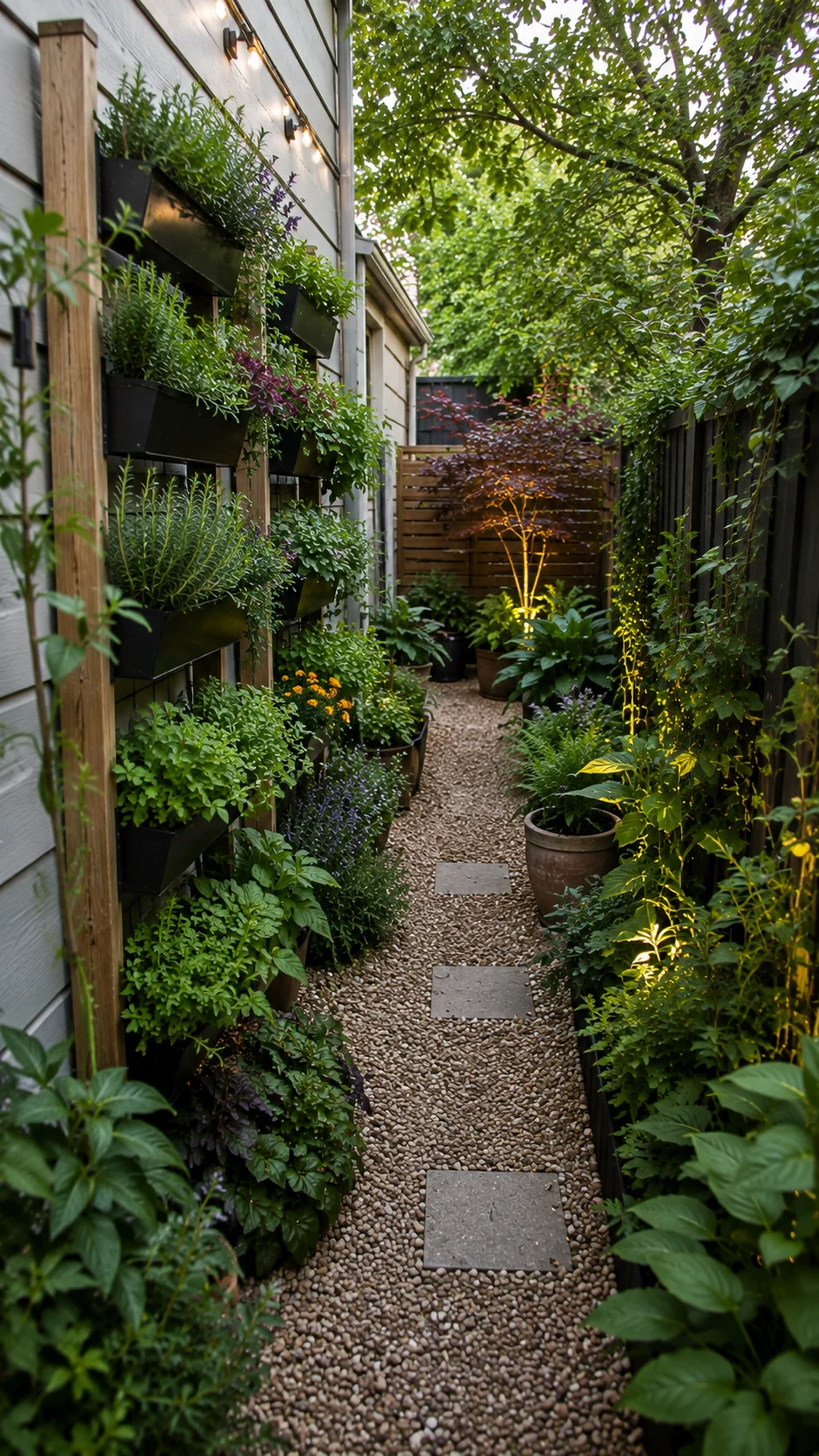 Narrow side yard layout utilized for vertical gardening and walking path.
