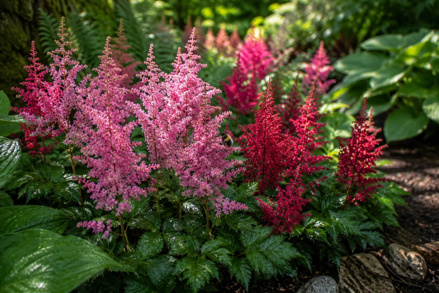 Feathery pink Astilbe flowers growing in a wet, shady pollinator garden.