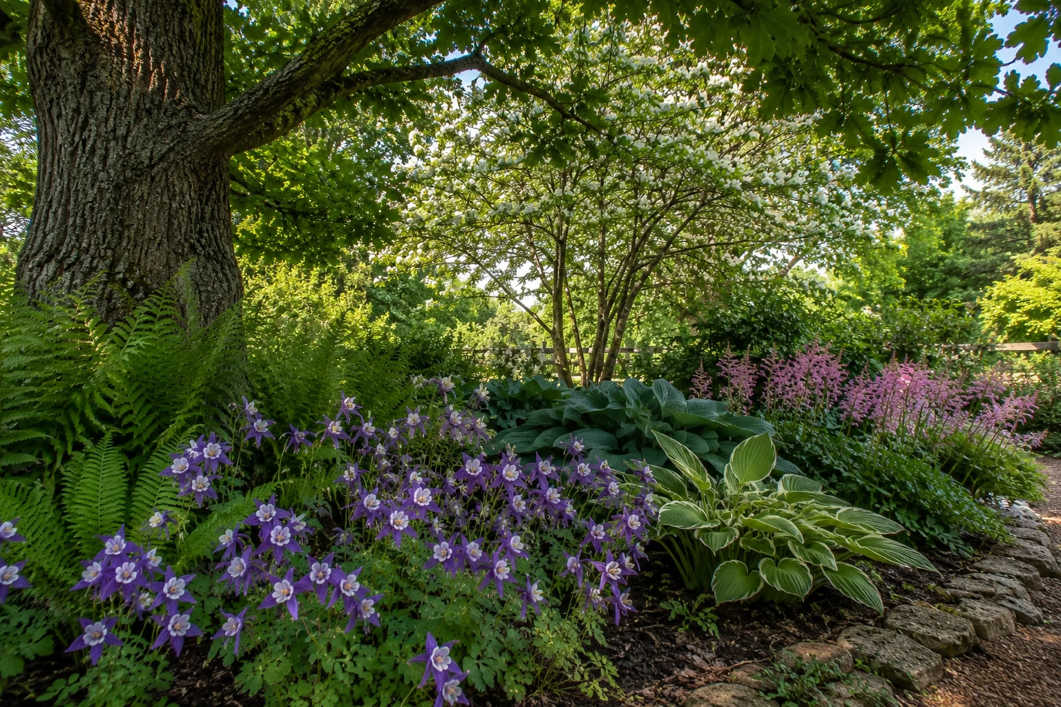 Multi-layered woodland garden design featuring serviceberry and pink columbine flowers.