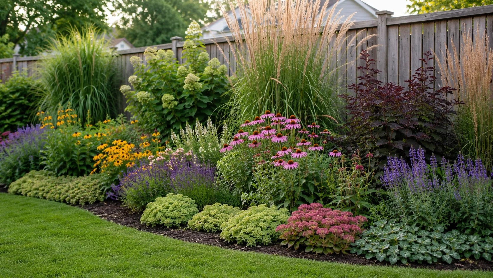 Layered backyard garden border using tall medium and low plants