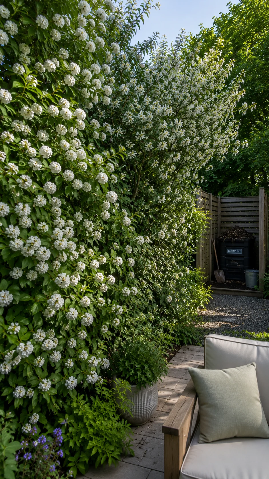 Wooden pergola covered in flowering vines in a small backyard.