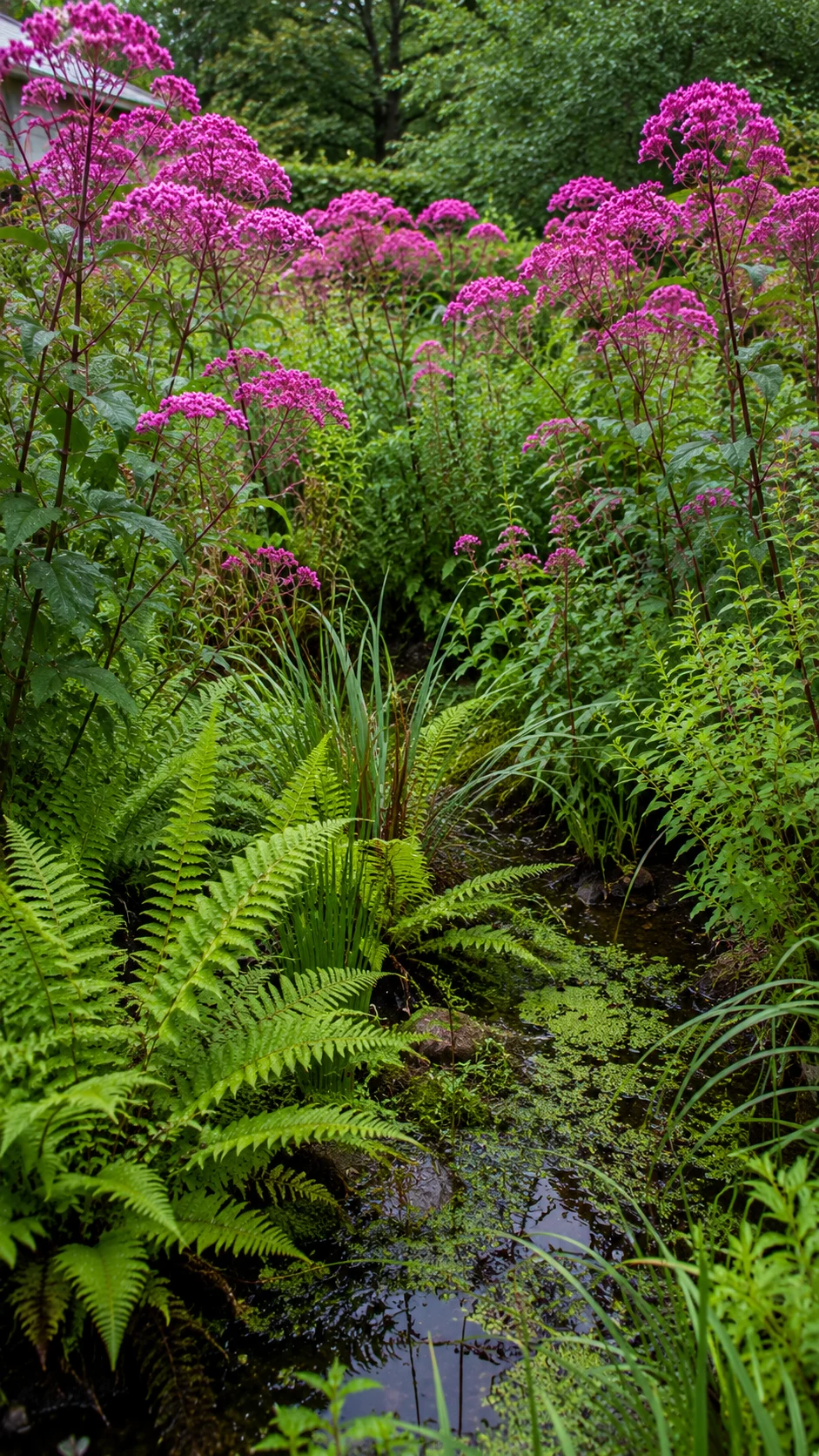 Bog garden layout in a wet, low-lying backyard area.