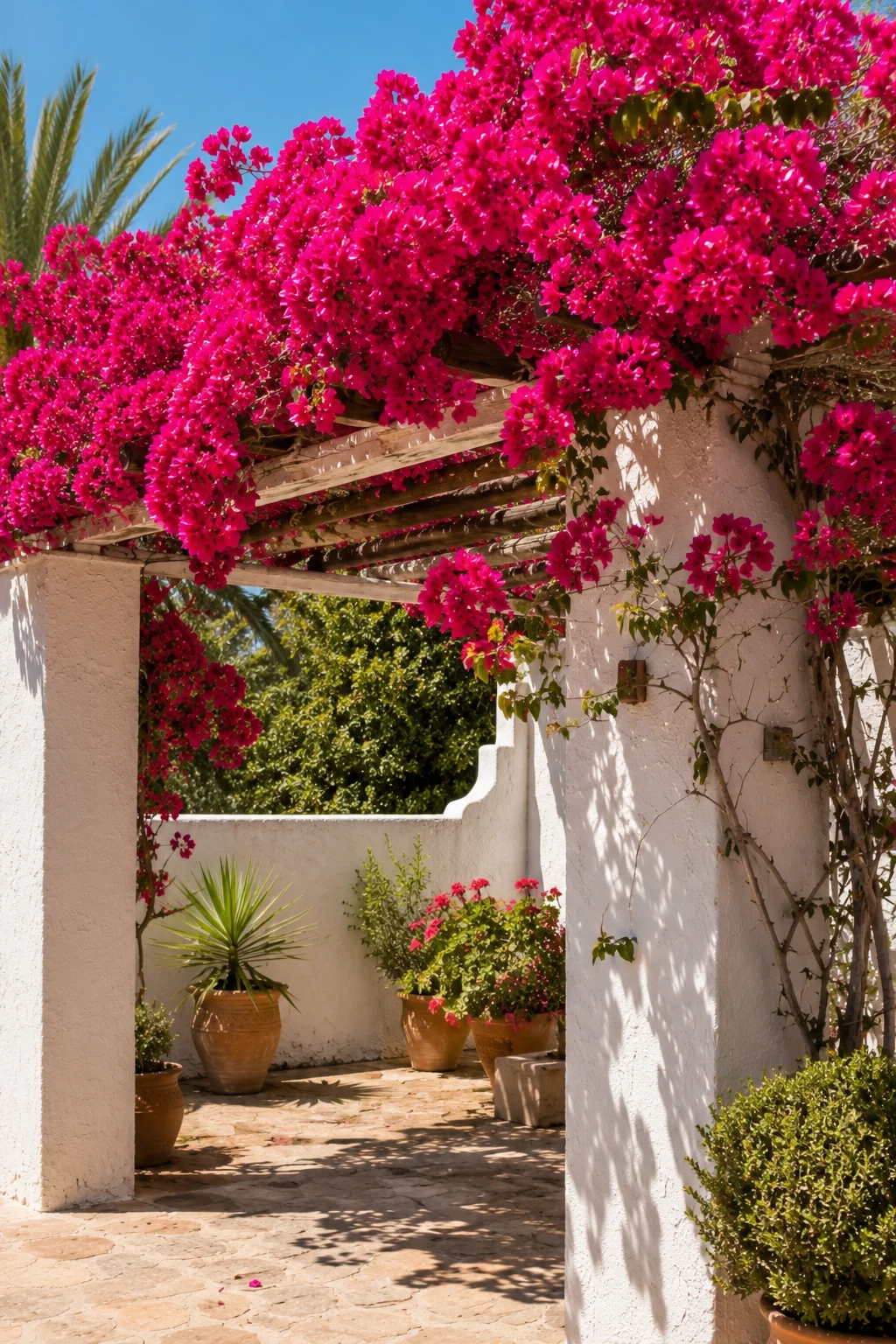bougainvillea climbing pergola Mediterranean garden idea