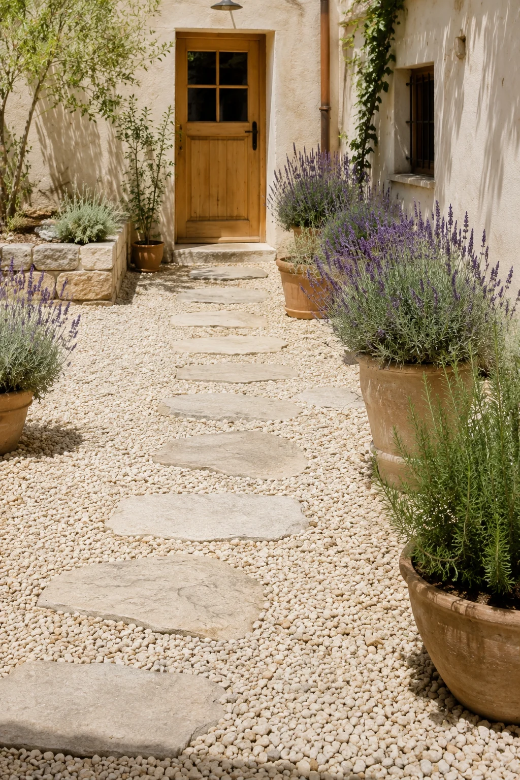 gravel courtyard stepping stones Mediterranean garden idea