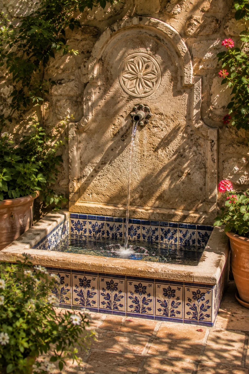 wall mounted spout fountain Mediterranean garden idea