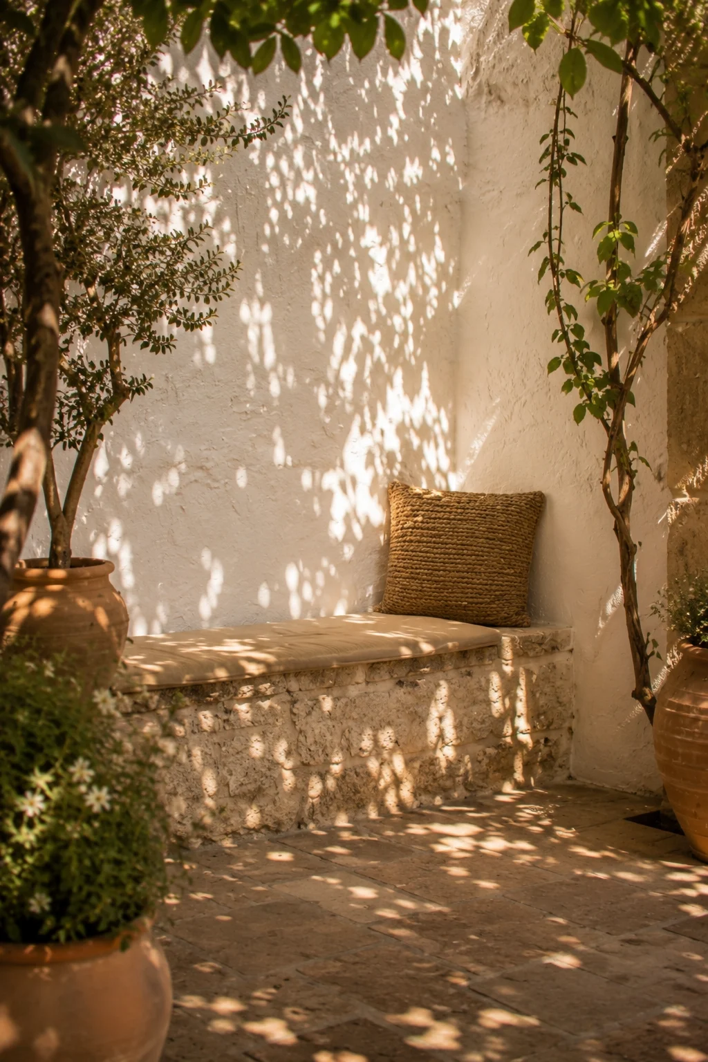 built in stone bench Mediterranean garden idea