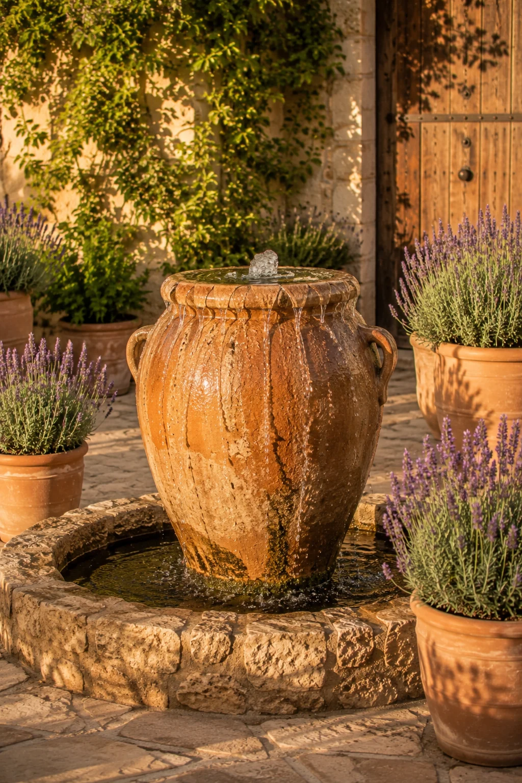 terracotta urn fountain Mediterranean garden idea