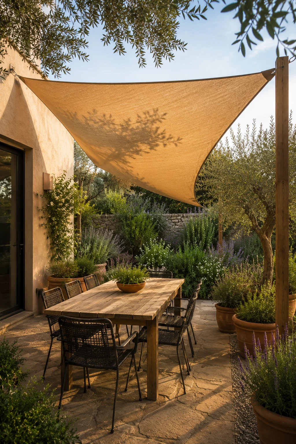 shade sail backyard privacy overhead screen upper windows patio dining outdoor Mediterranean