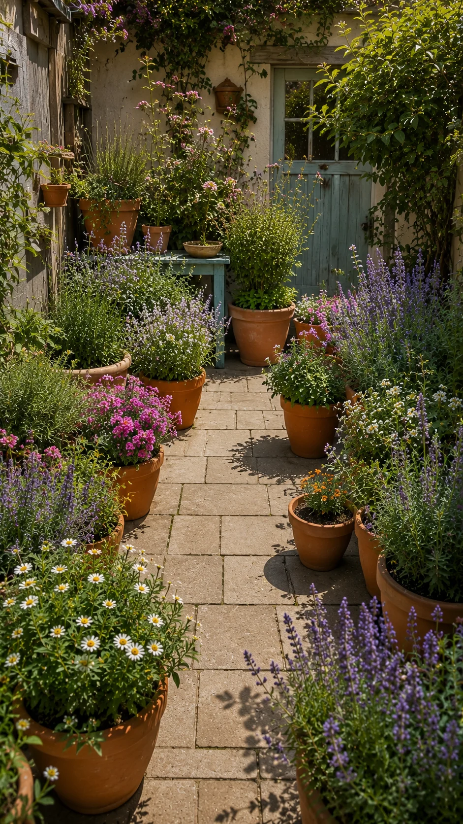 Container pollinator garden layout on a small paved patio.