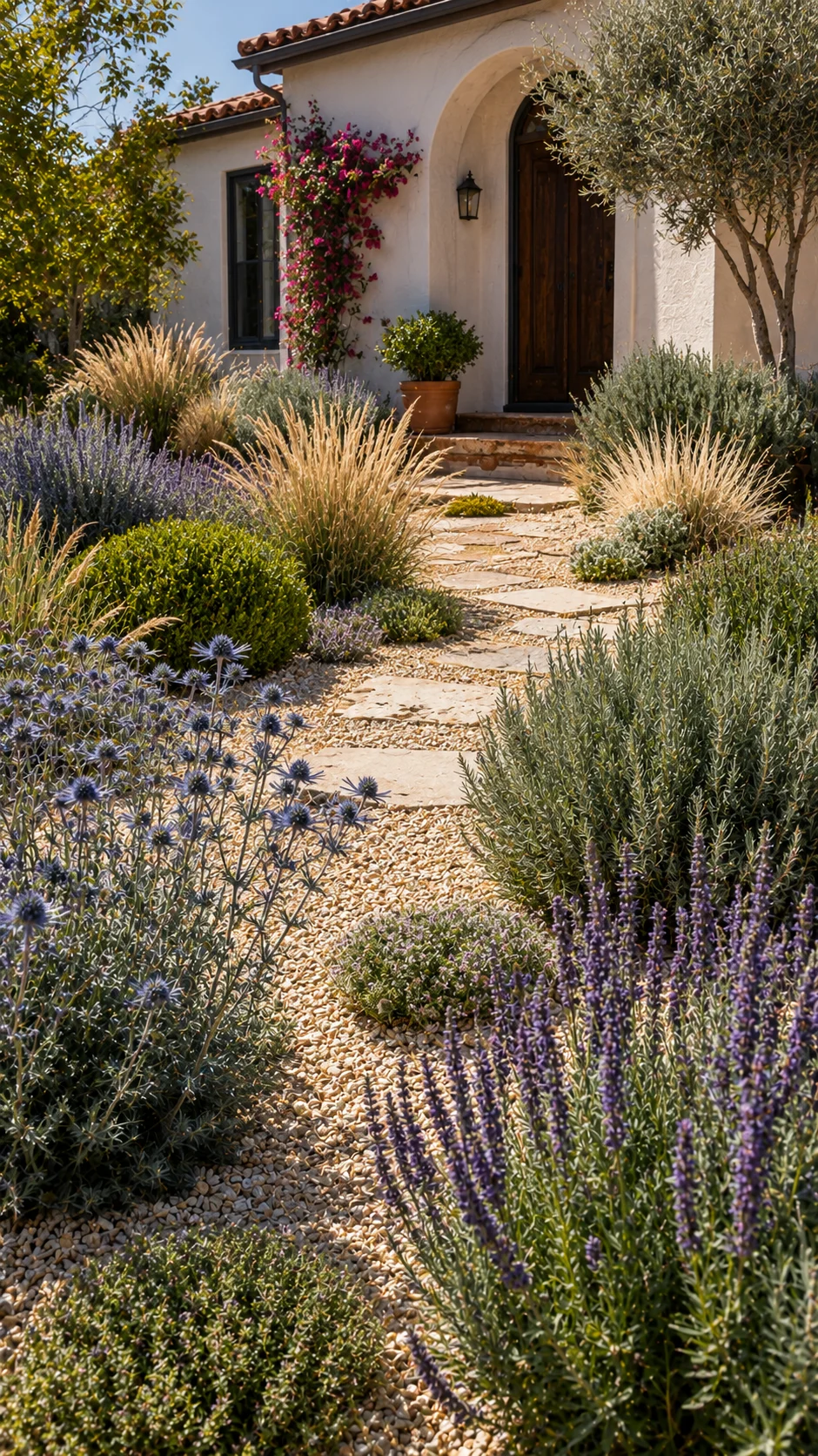 dry Mediterranean front garden rosemary sage thyme ornamental grass gravel drought tolerant landscaping curb appeal