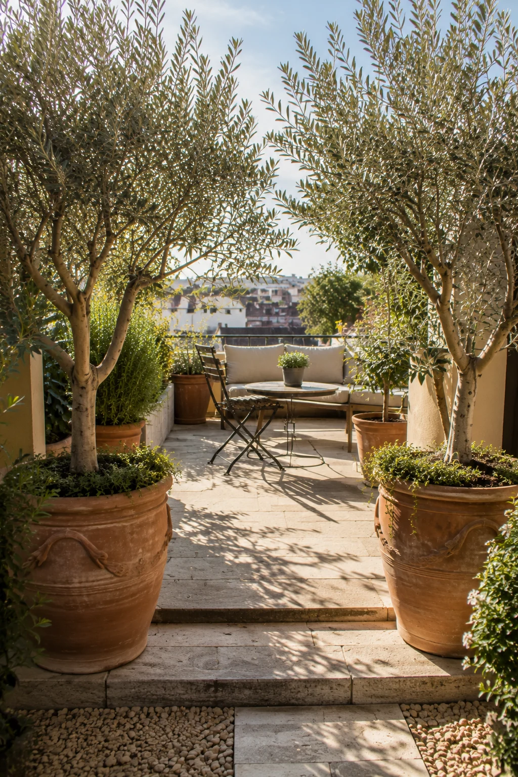 olive tree pair terrace entrance large terracotta pots Mediterranean atmosphere structure container garden