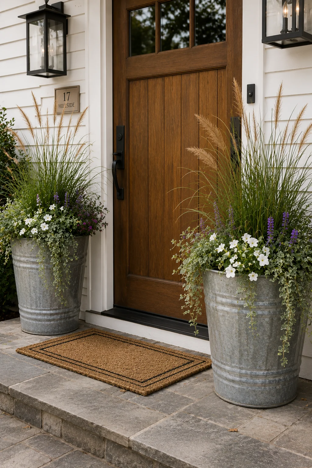 galvanized metal planter farmhouse front door idea.