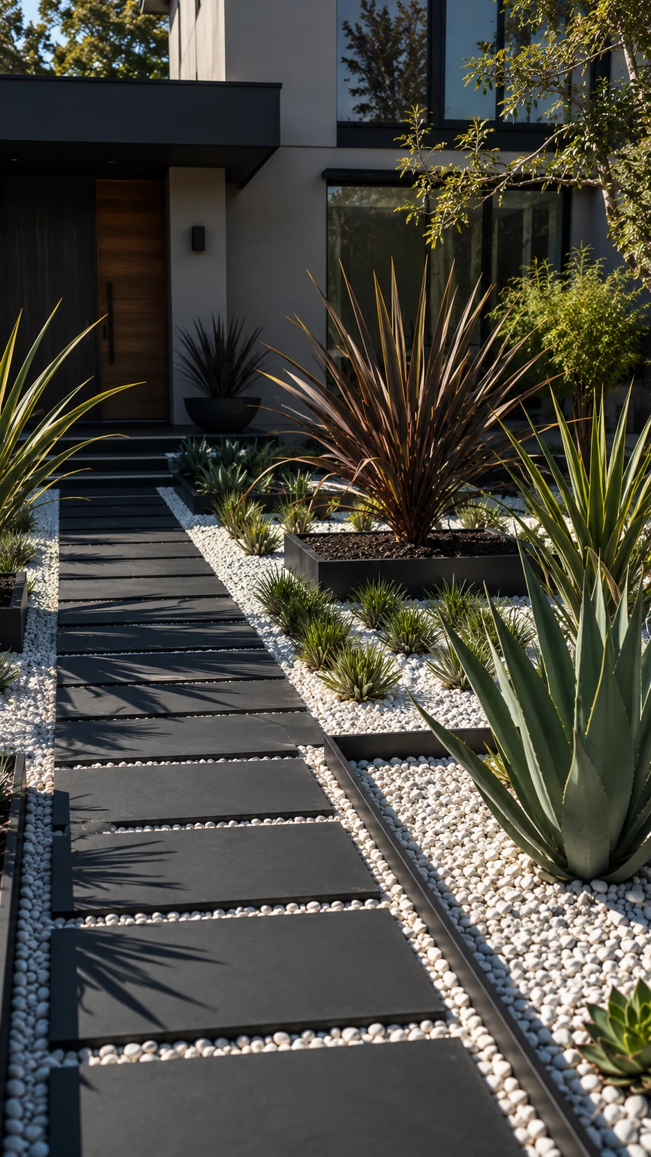 modern front garden geometric design black granite white gravel steel edging architectural plants contemporary house curb appeal