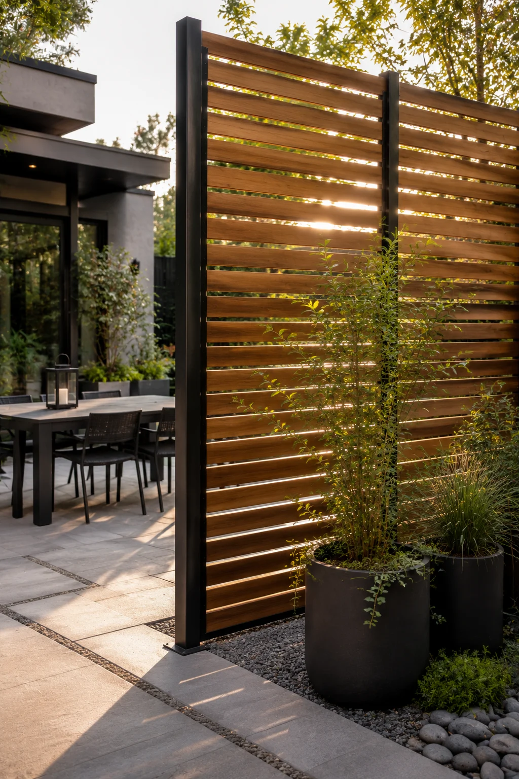 horizontal timber slat privacy screen backyard modern cedar panels freestanding architectural contemporary