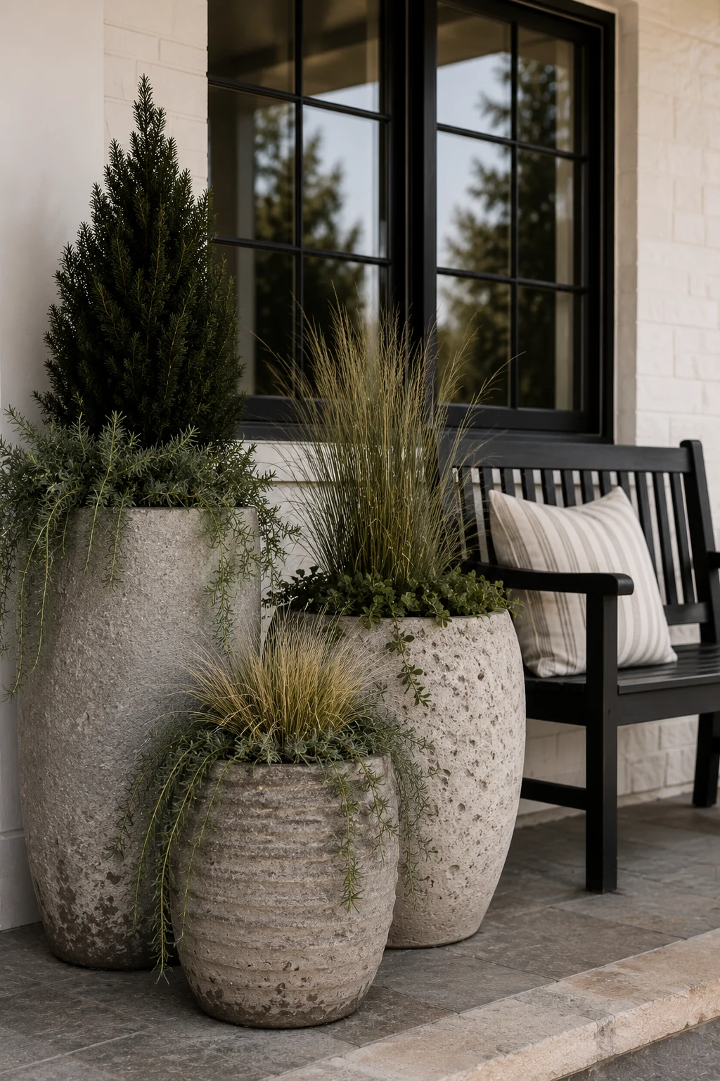 grouped stone planters front porch entryway idea