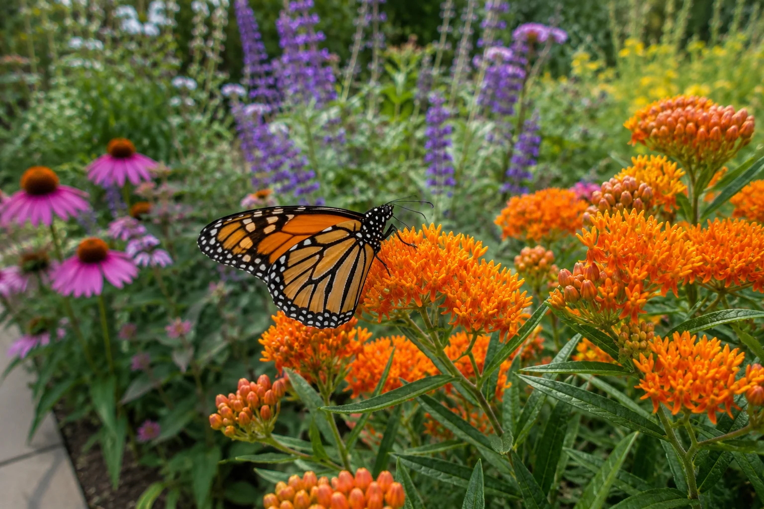 milkweed plant attracting monarch butterfly in pollinator garden