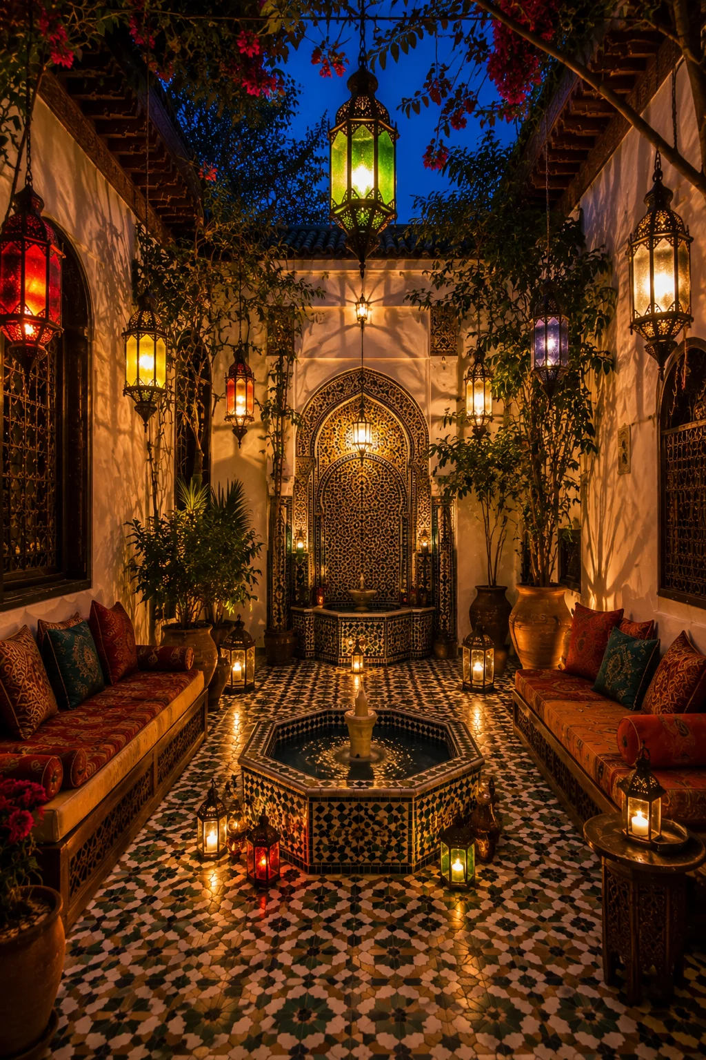Moroccan courtyard small patio zellige tiles fountain lanterns cushioned seating atmospheric outdoor