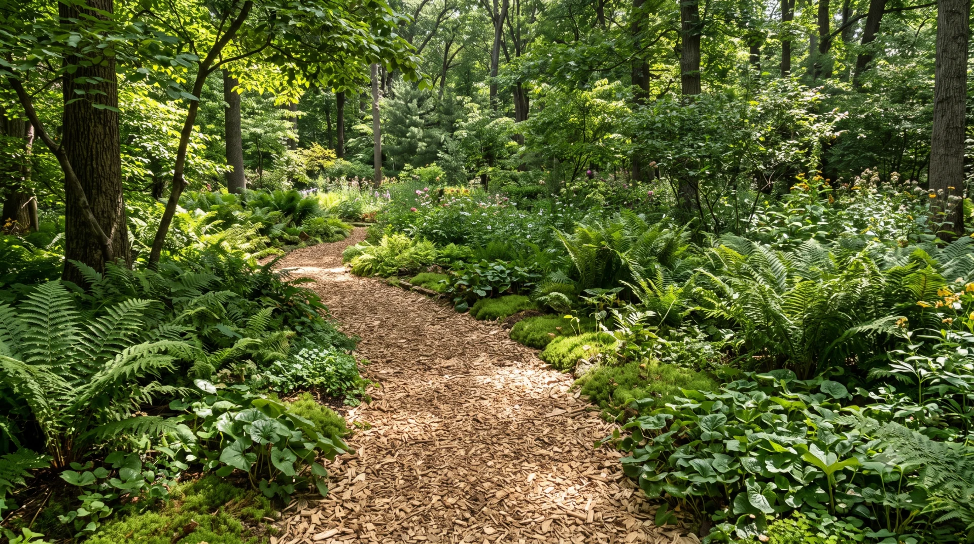 Natural wood chip path in a shaded woodland garden providing insect habitat