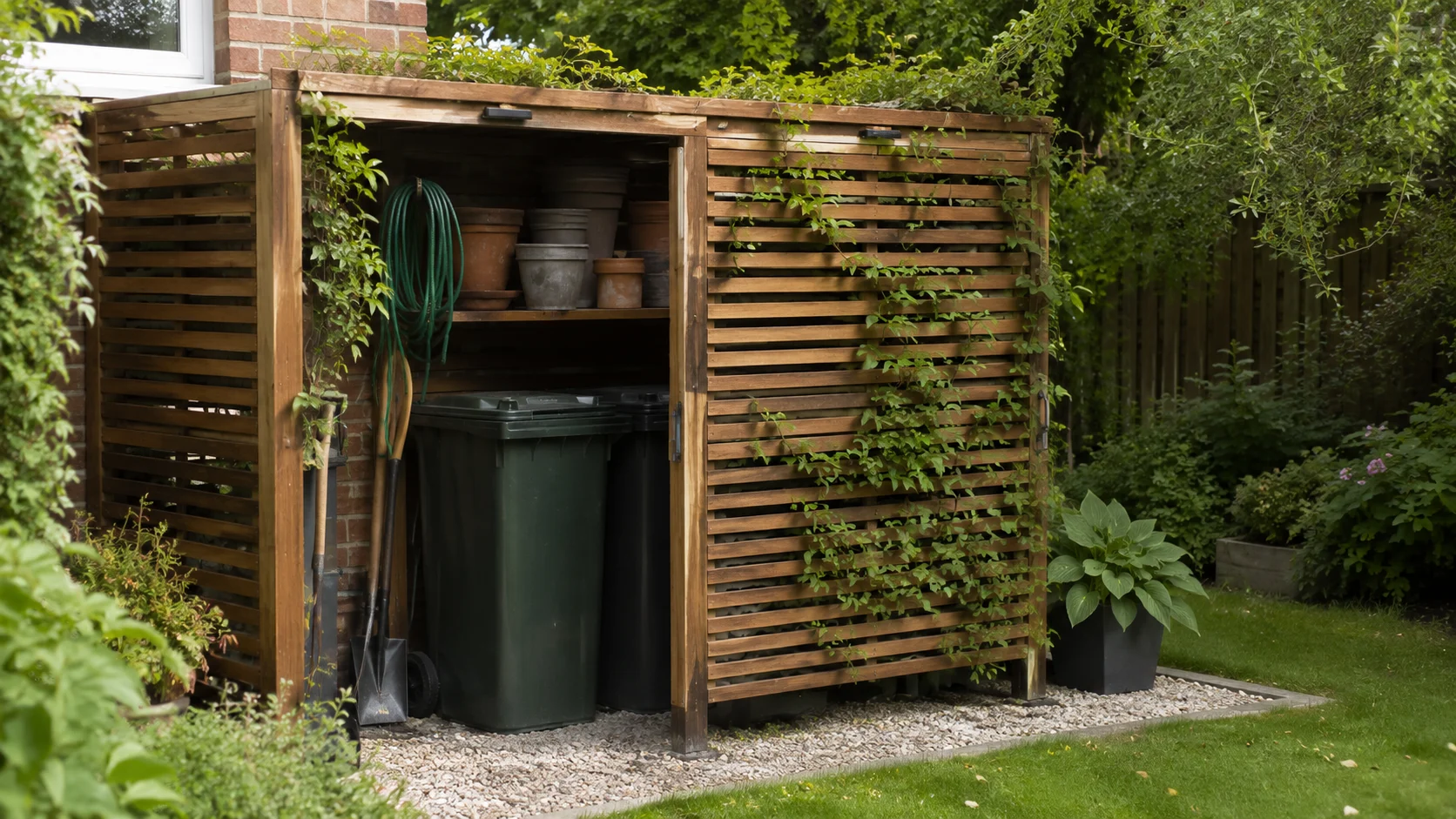 Backyard garden design idea for screening bins and practical storage