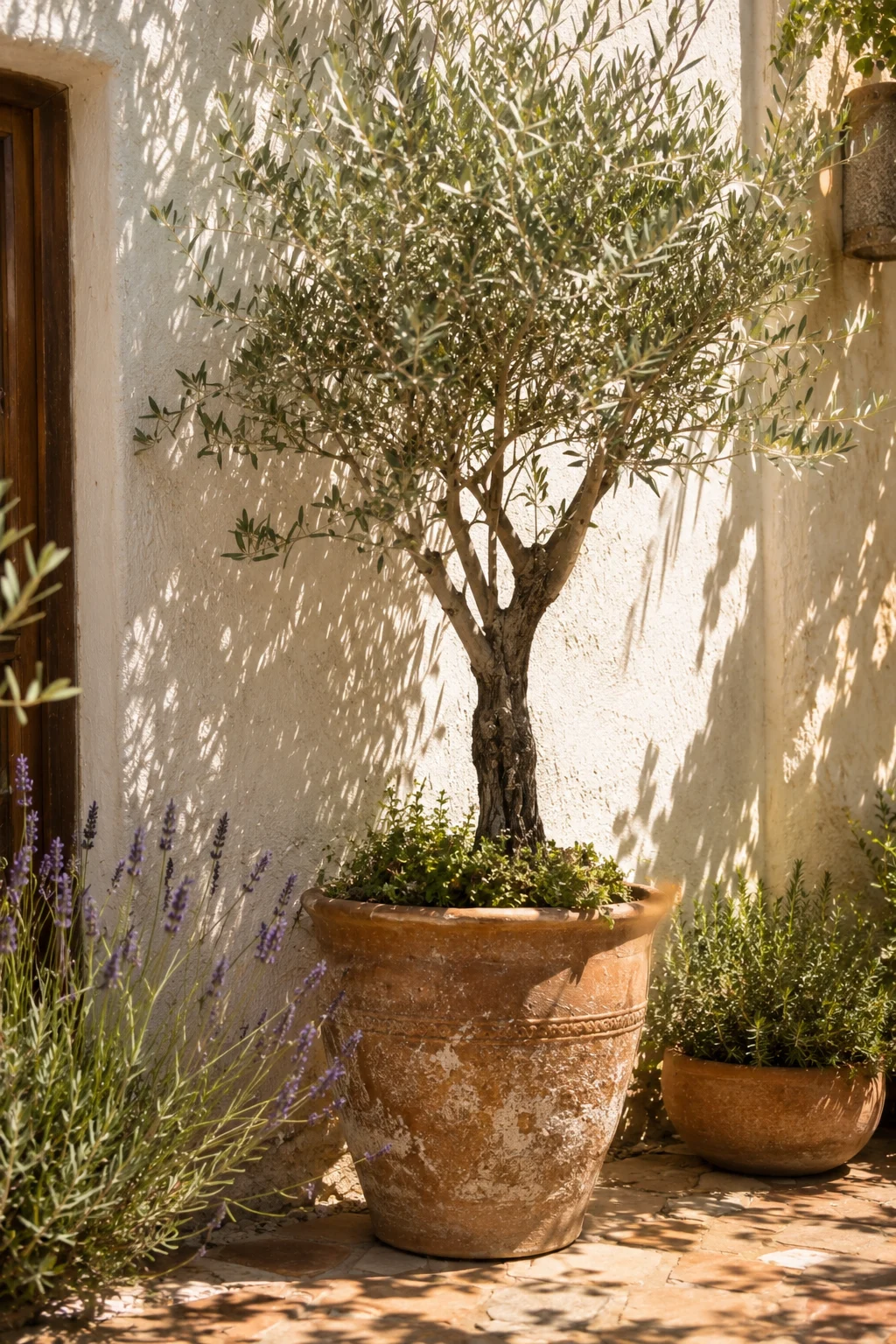 potted olive tree Mediterranean garden idea
