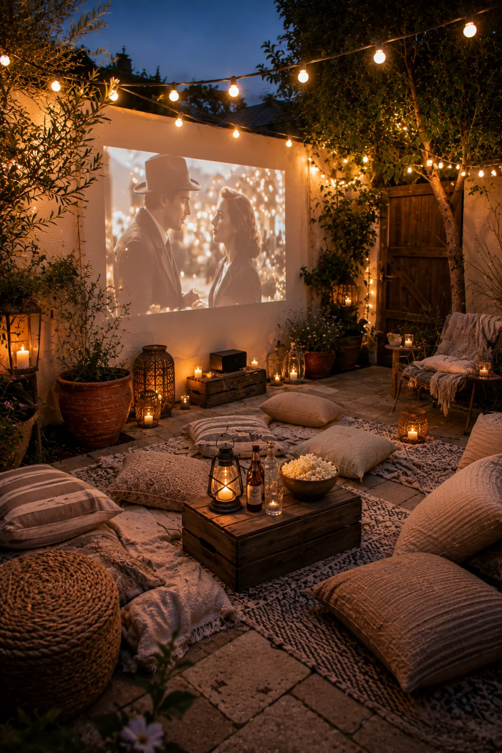 outdoor cinema small patio projector white wall cushions blankets evening movie night