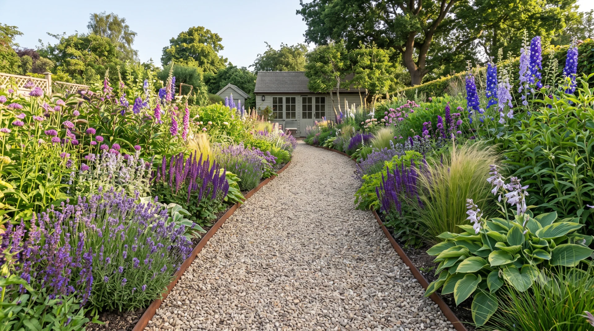 Permeable pea gravel garden path bordered by pollinator-friendly perennial plants