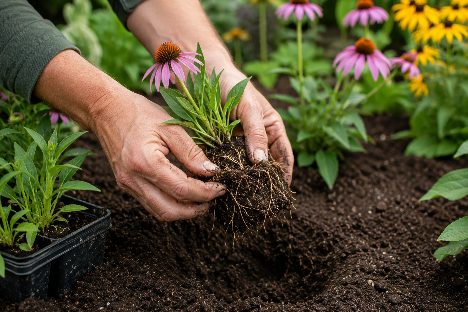 Planting native perennial plugs for a drought-tolerant pollinator garden.