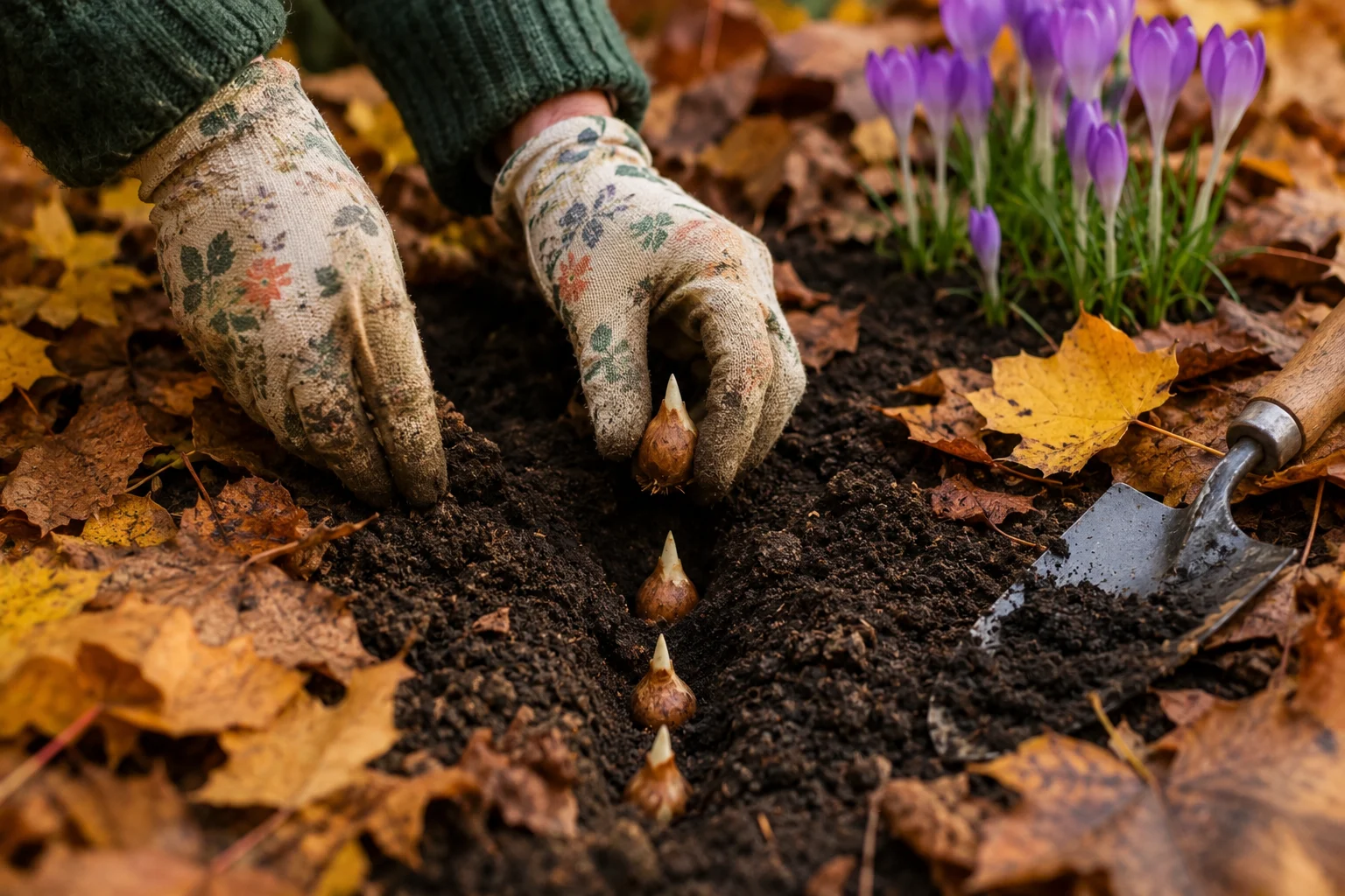 Gardener planting crocus bulbs in fall for early spring pollinator forage.