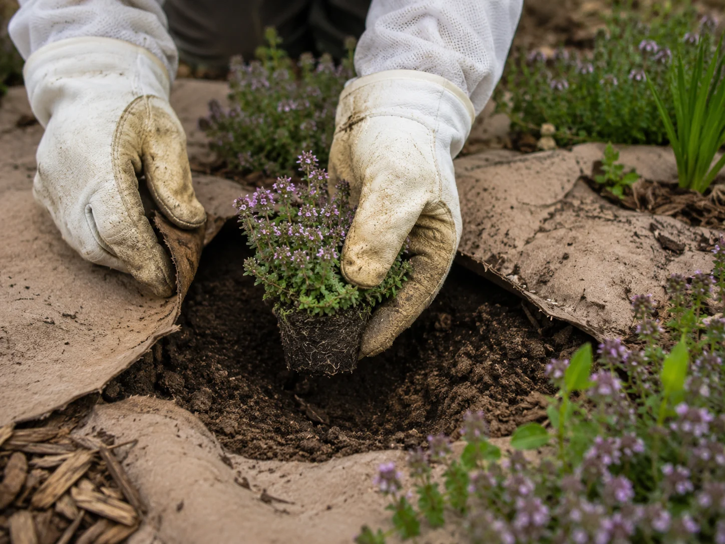 Planting creeping thyme plugs through cardboard sheet mulch in a bee garden.