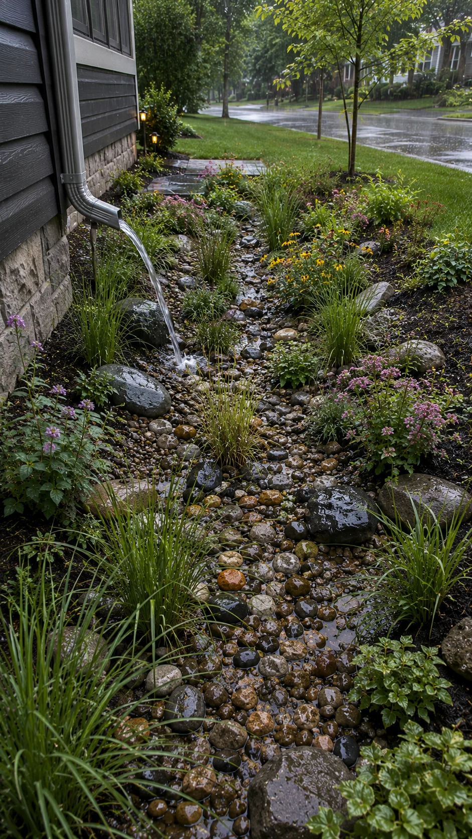 Rain garden layout managing stormwater runoff in a small yard.