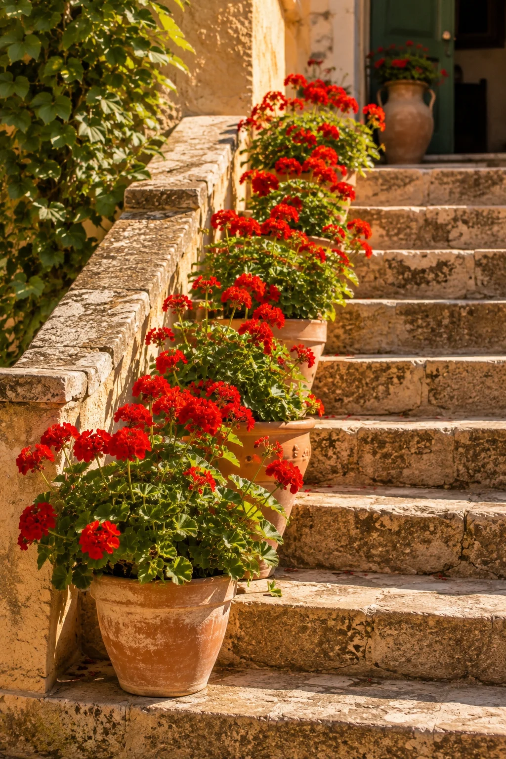 potted geraniums on steps Mediterranean garden idea