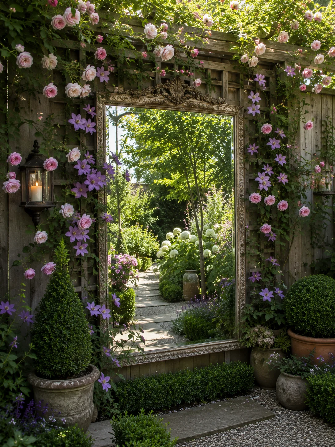 outdoor mirror trellis climbing plants backyard privacy illusion space depth fence garden rose clematis