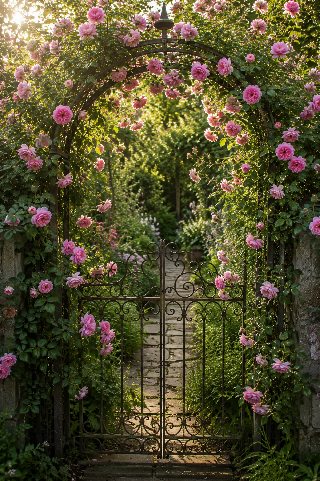 rose covered arched gate cottage garden idea
