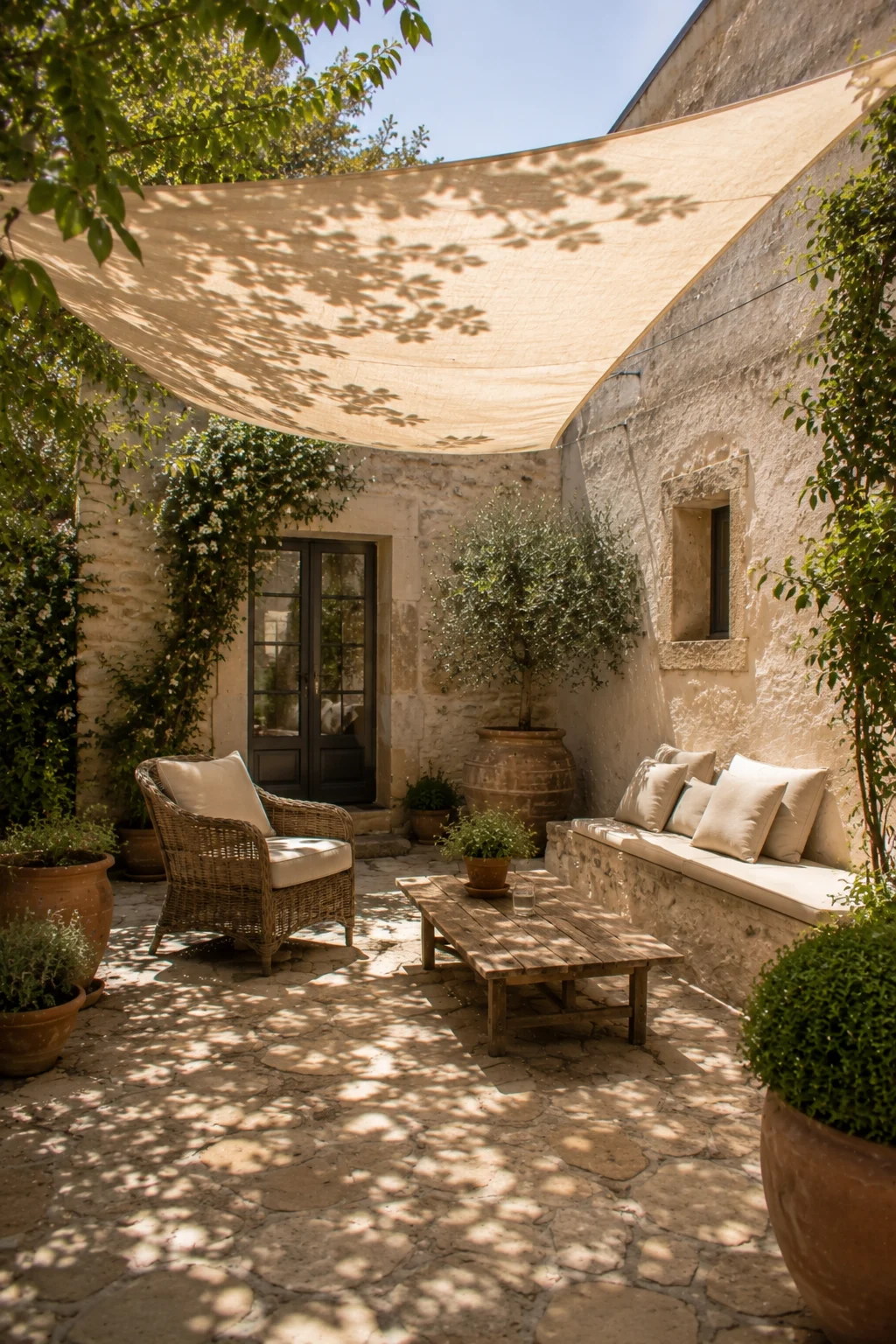canvas sail shade Mediterranean garden idea