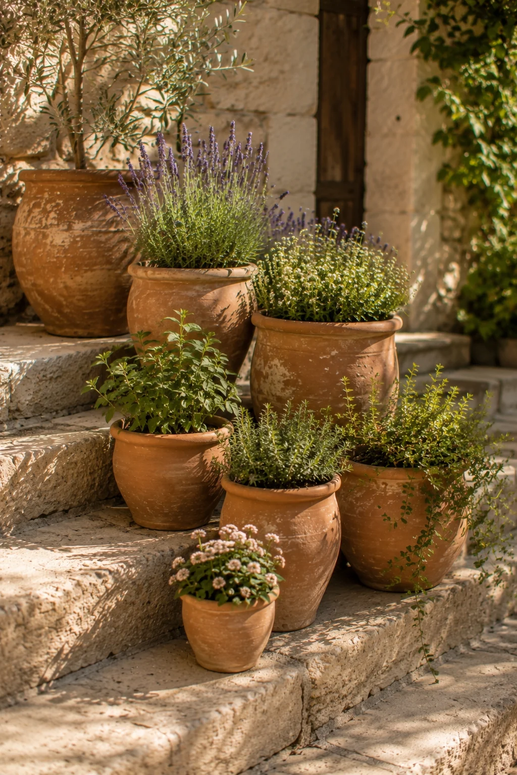grouped terracotta pots Mediterranean garden idea