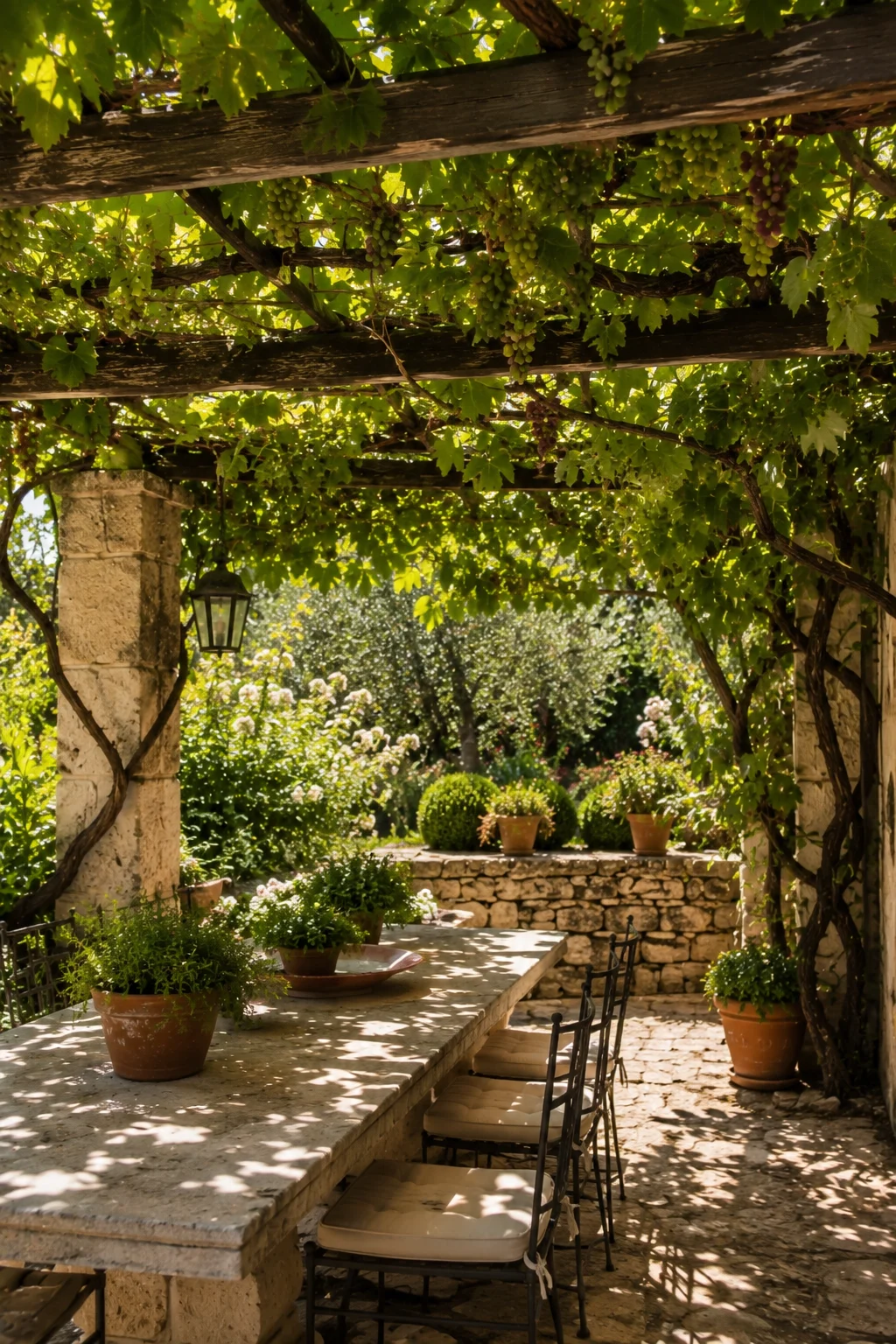 grapevine covered pergola Mediterranean garden idea