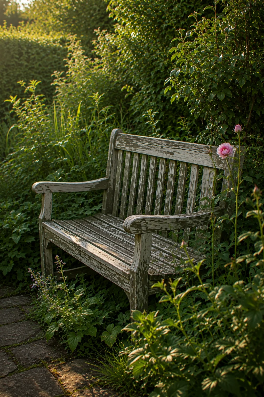 weathered wooden bench cottage garden idea