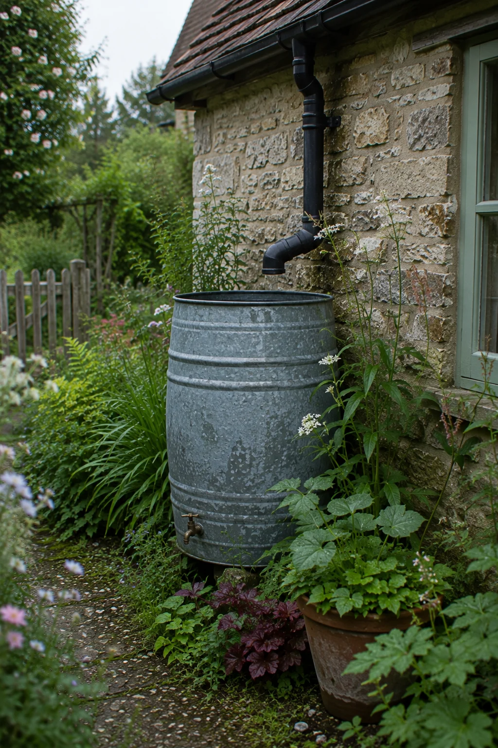 rain barrel water butt cottage garden idea