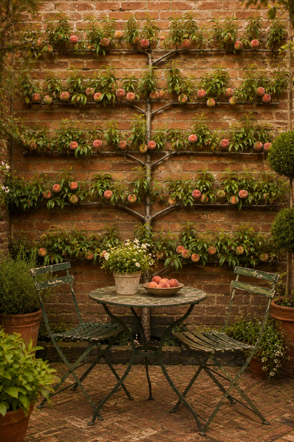 espalier peach tree flat trained patio wall fruit geometric architectural backdrop garden