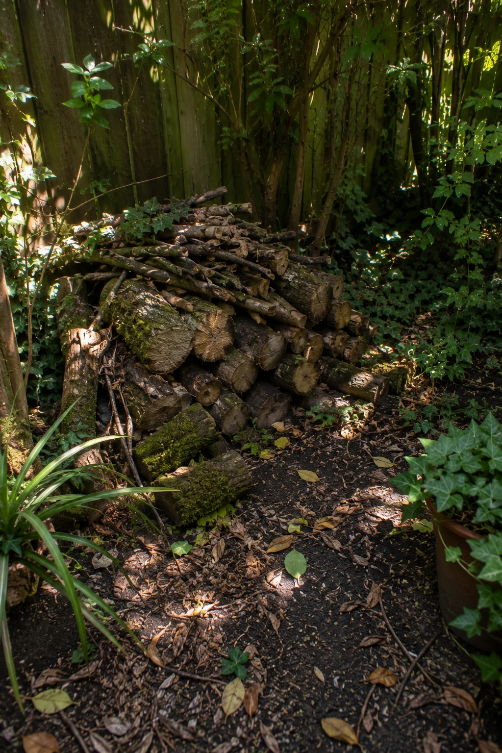 log pile insect habitat corner small wildlife garden idea