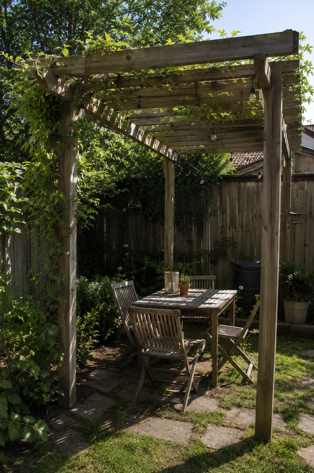 pergola covered dining corner small garden idea