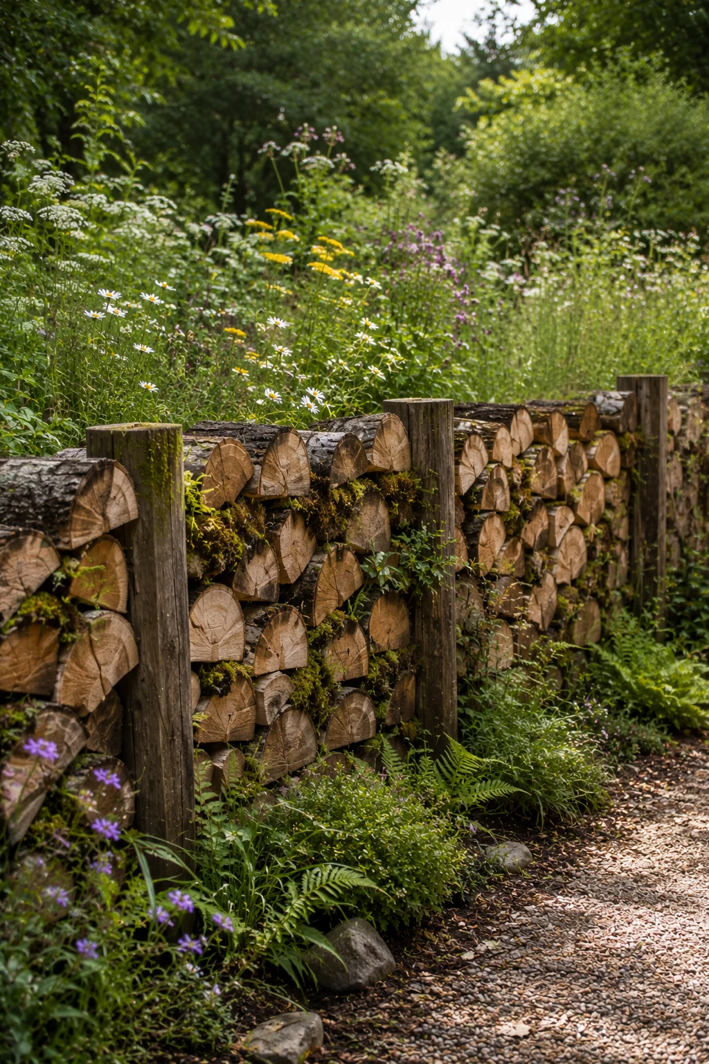 stacked log wall backyard privacy rustic natural boundary feature moss ferns wildflower meadow