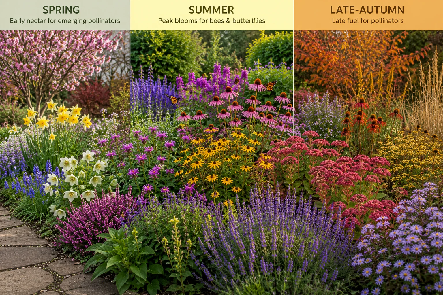 Continuous bloom sequence in a pollinator garden feeding bees from spring to fall.