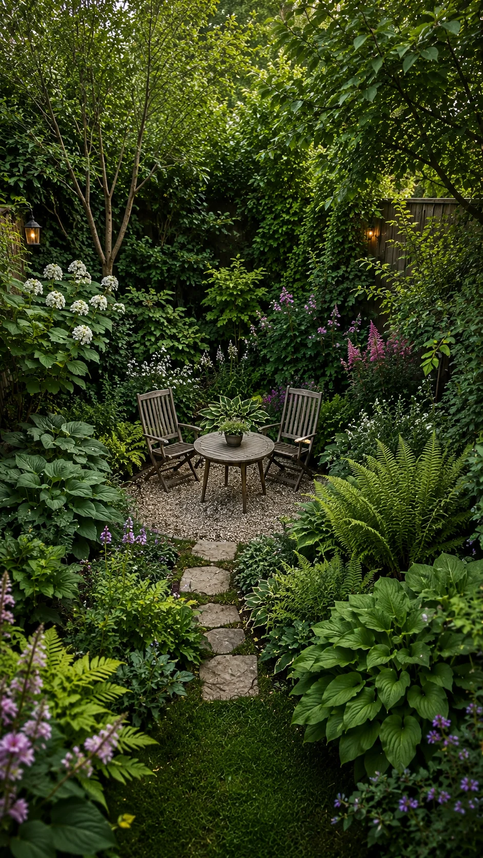 Layered woodland edge garden design in a small backyard.