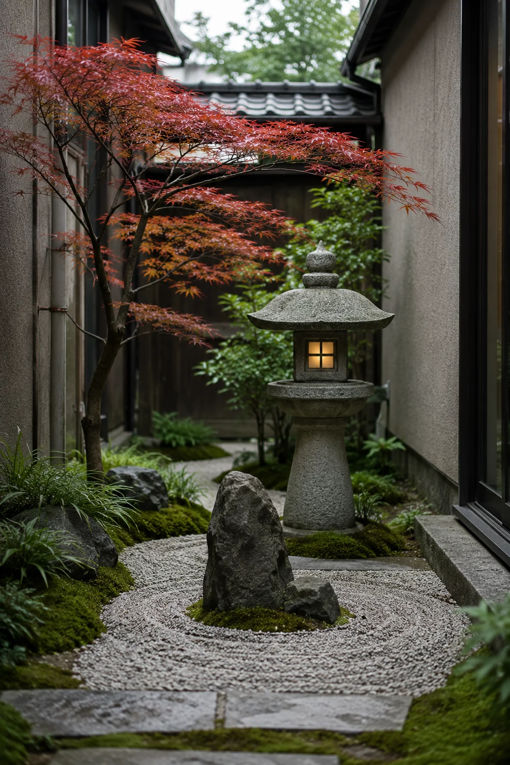 small Japanese courtyard garden with gravel and stone lantern