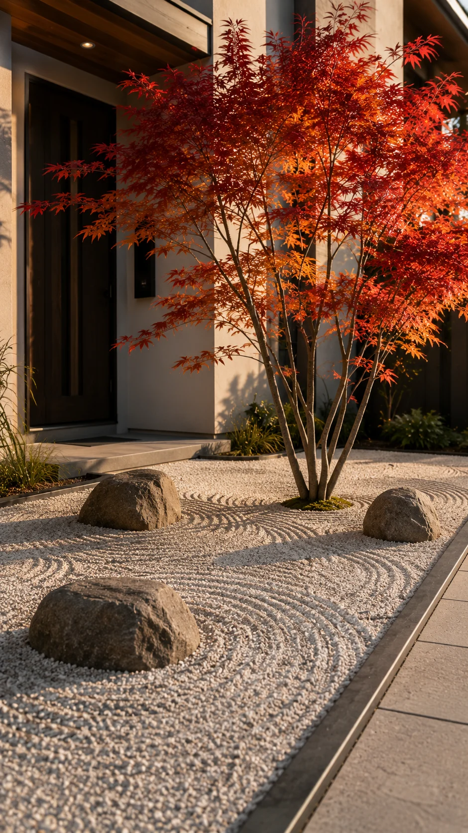 Japanese inspired minimalist front garden Japanese maple raked gravel stones landscaping curb appeal