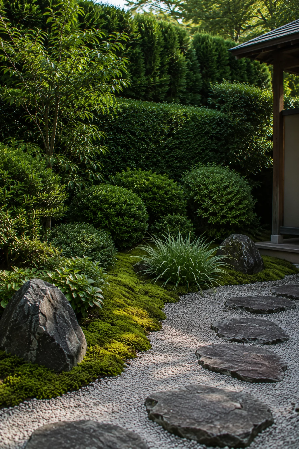stepping stone path and wooden gate in small Japanese garden design