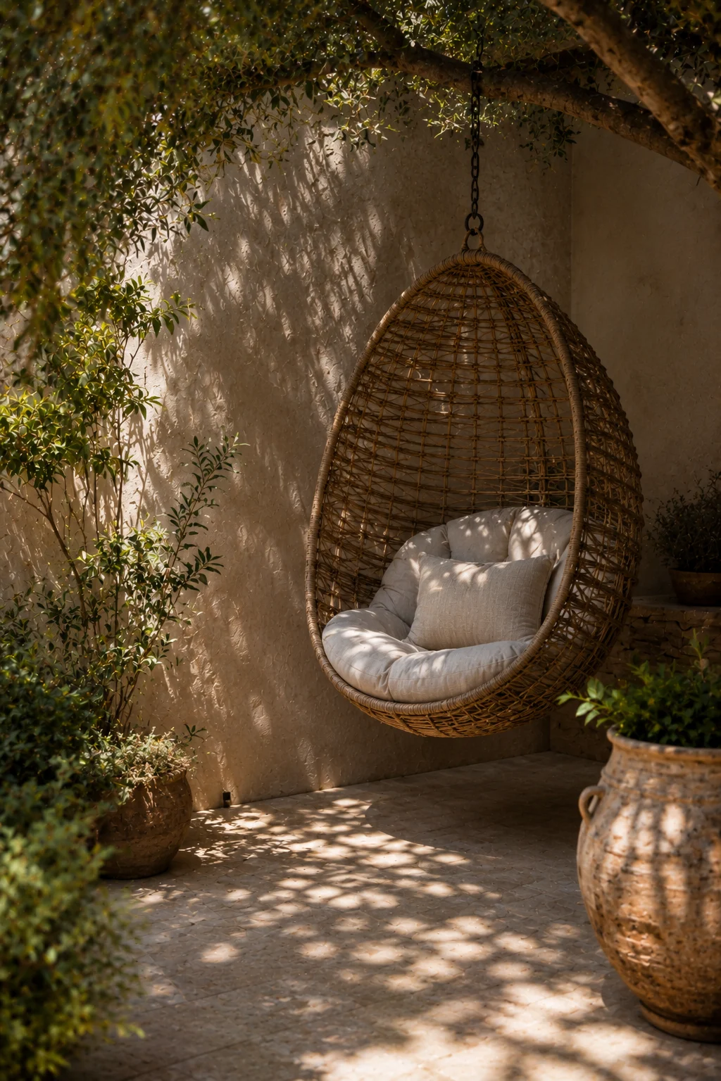 hanging chair hammock corner courtyard garden idea